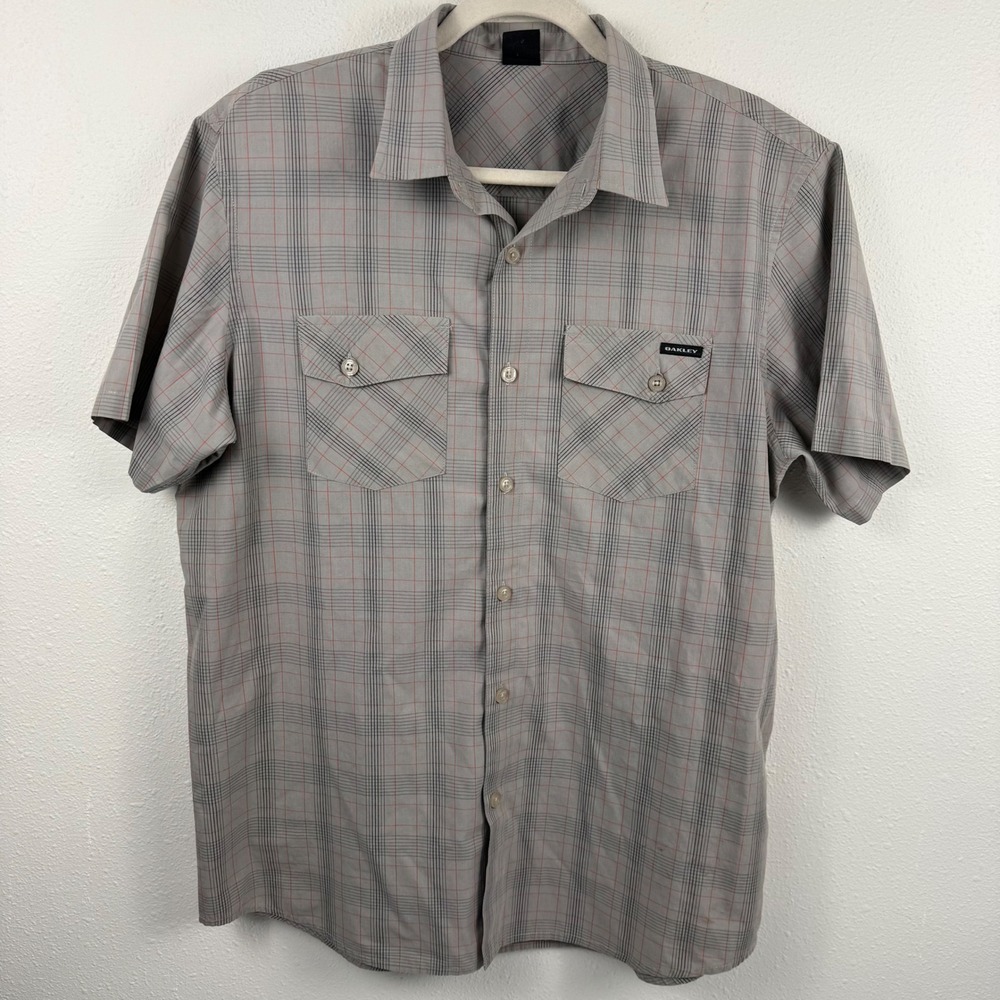 Oakley Mens Short Sleeve Button Down Plaid Shirt Grey Orange Size Large L
